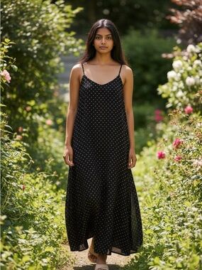 Banana Republic Navy Maxi Dress with Tan Dots